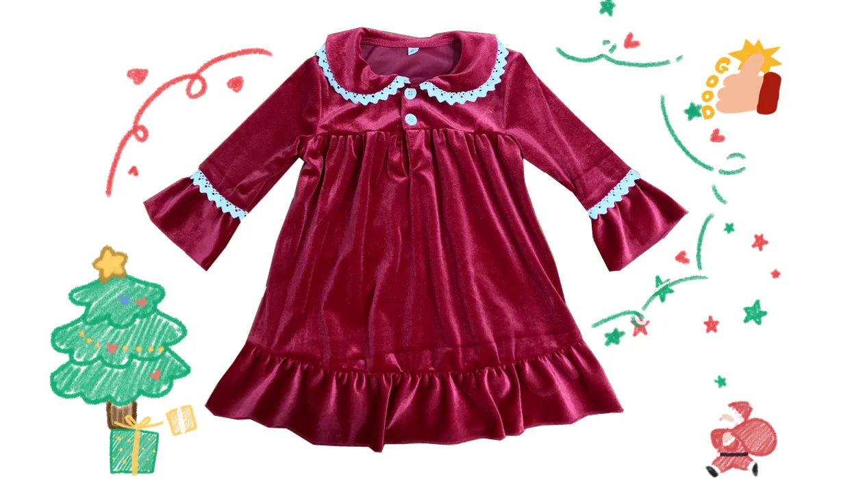 Flanelle Noël Famille Tenues Assortis Garçons Et Filles Pyjamas À Volants Blanc Dentelle Rouge À Manches Longues Bébé Bouton Enfants Pyjamas Ensembles