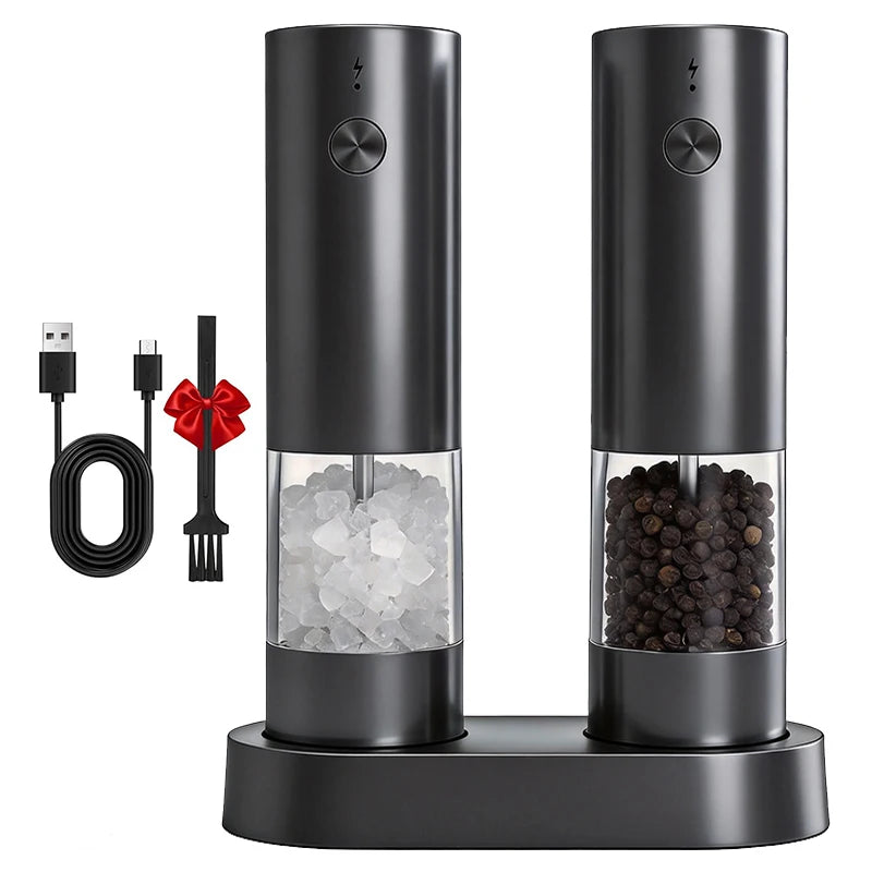 Ensemble de Moulins à Sel & Poivre Électriques – Rechargeables USB, Mouture Ajustable & Base de Rangement