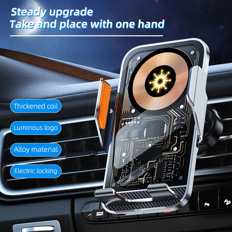 Support téléphone voiture avec chargeur sans fil 15W – Serrage automatique, rotation 360°, compatible iPhone, Samsung, Huawei, Xiaomi