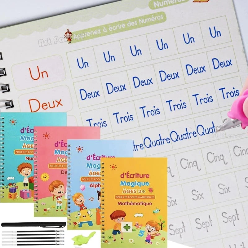 Coffret 4 Cahiers Magiques d'Écriture Française – Montessori 3D Réutilisable | Enfants 3-8 ans
