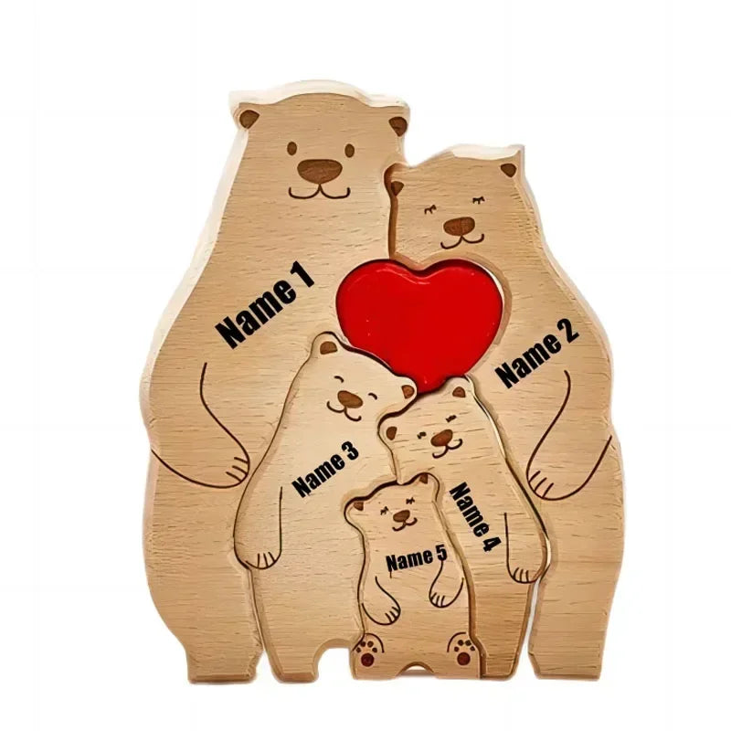 Puzzle Ours en Bois Personnalisé pour la Famille – Prénoms Gravés, Cadeau Anniversaire, Noël, Décoration Maison