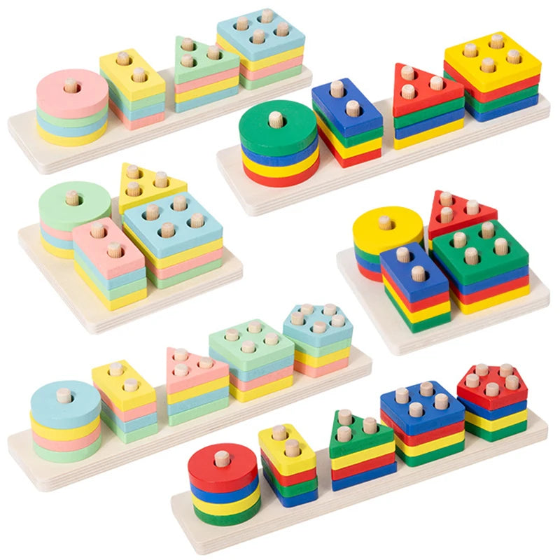 Blocs de Construction Montessori en Bois – Couleurs, Formes & Puzzle Éducatif