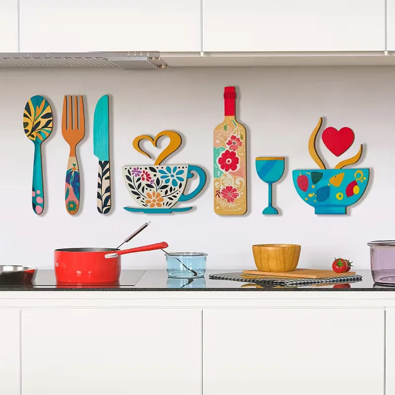 Ensemble Décoration Murale Cuisine en Bois – 7 Pièces, Motifs Fourchettes, Tasses & Verres à Vin