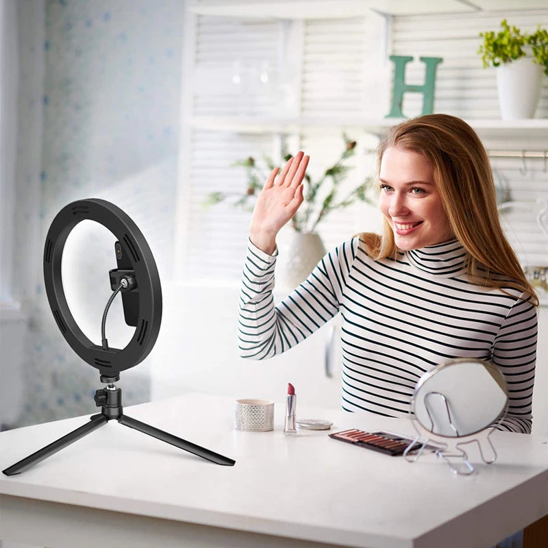 Anneau Lumineux LED pour Selfie & Vidéo – Trépied Réglable, 3 Modes & 10 Niveaux