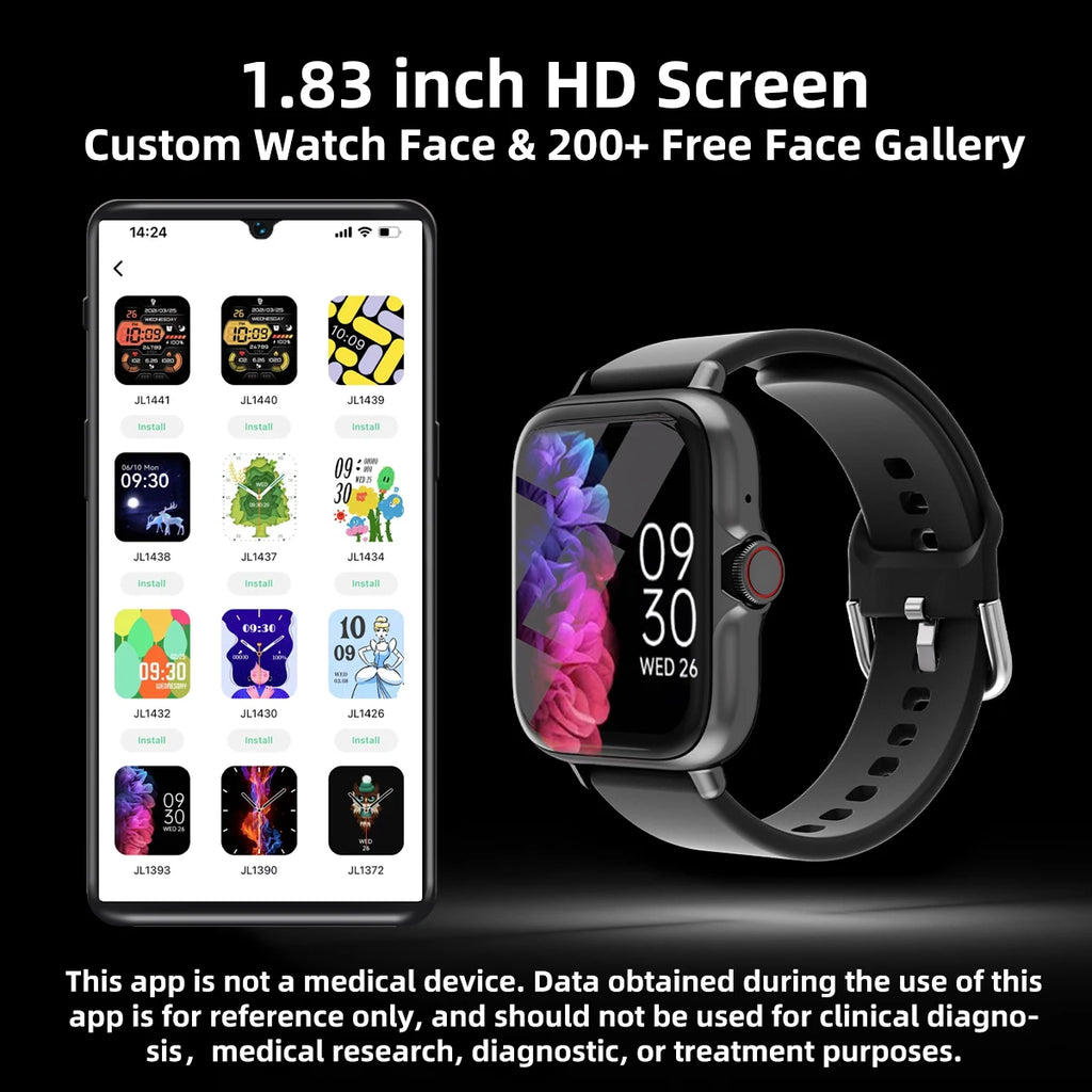 Montre Connectée 1,83" — Étanche, Appels, Surveillance du Sommeil, Podomètre