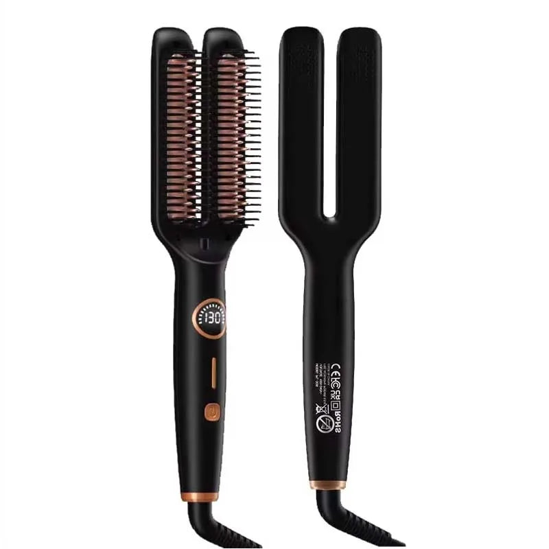 Brosse lissante électrique anti-frisottis 2-en-1 en céramique avec écran LCD numérique