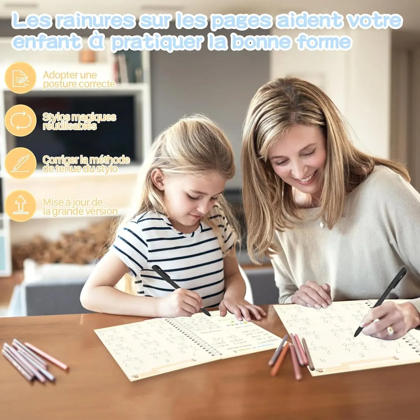 Cahier Magique d'Écriture Française avec Stylo – Ardoise Réutilisable Enfants 3-8 ans