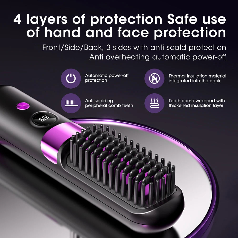 Peigne chauffant électrique sans fil pour lisser les cheveux, brosse lissante, ions négatifs, anti-brûlure, outil de coiffage
