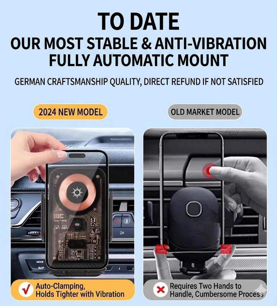 Support téléphone voiture avec chargeur sans fil 15W – Fixation grille d'aération, rotatif, compatible smartphones