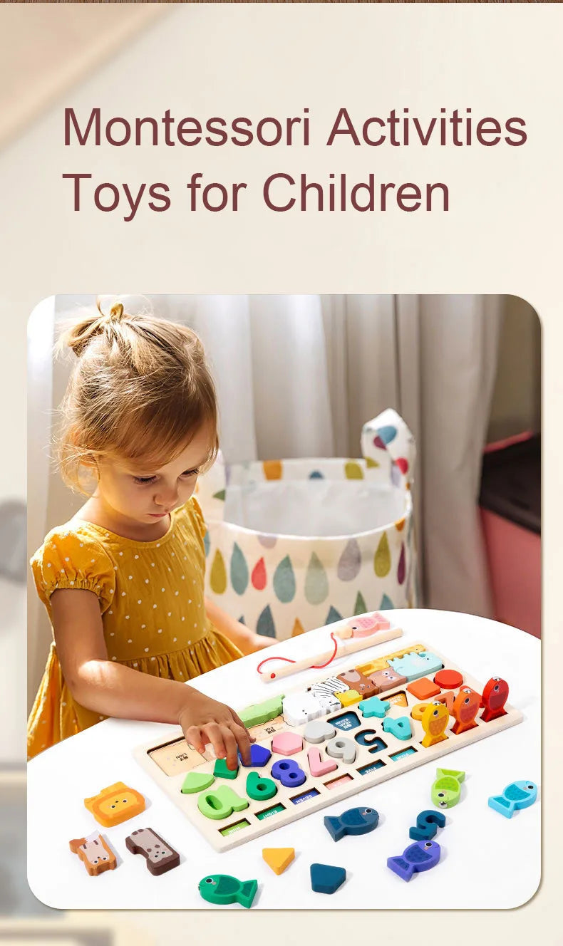 Tableau d'Éveil Montessori en Bois – Formes, Chiffres & Jeu de Pêche