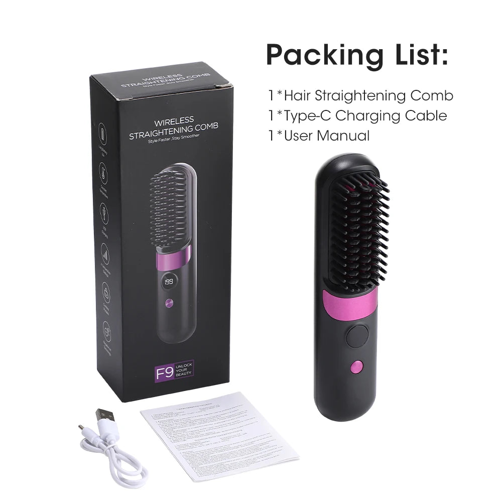 Peigne chauffant électrique sans fil pour lisser les cheveux, brosse lissante, ions négatifs, anti-brûlure, outil de coiffage