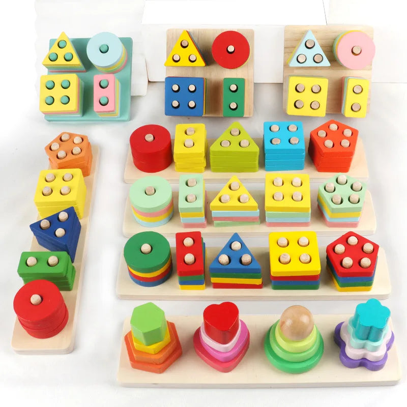 Blocs de Construction Montessori en Bois – Couleurs, Formes & Puzzle Éducatif