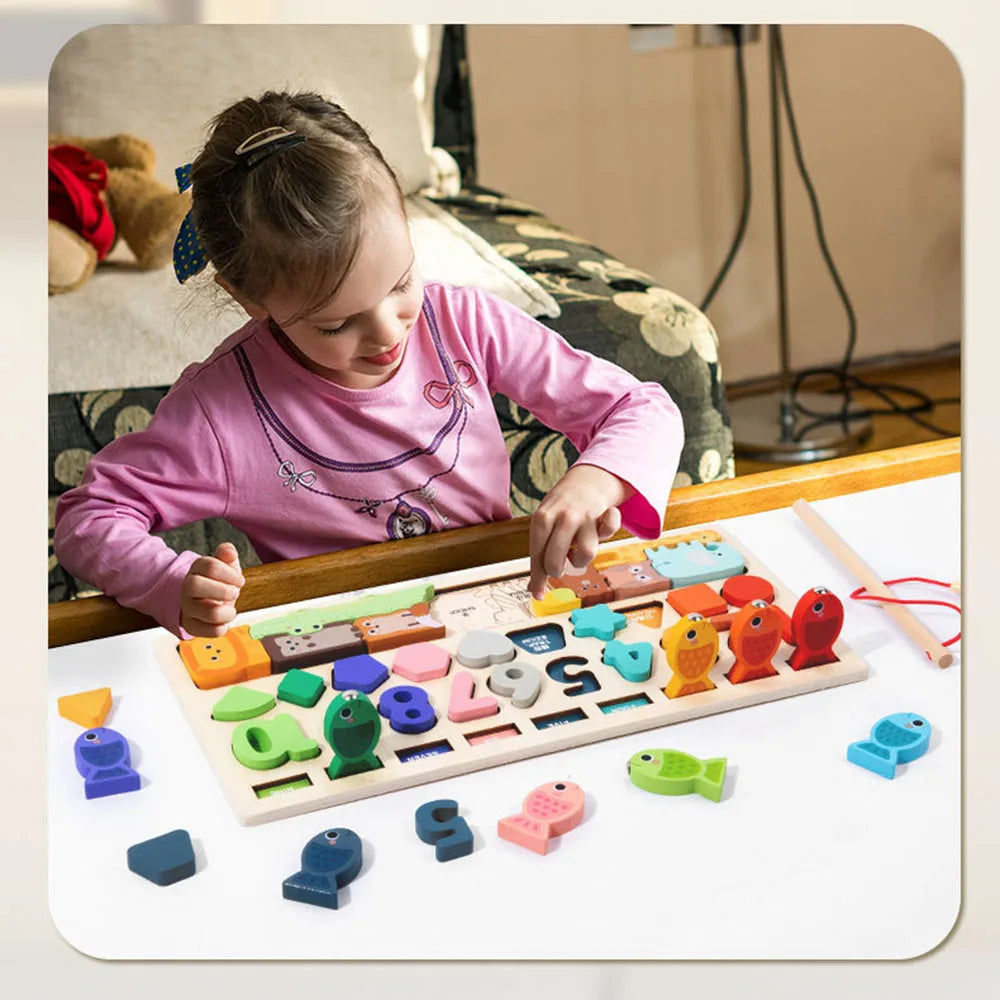 Tableau d'Éveil Montessori en Bois – Formes, Chiffres & Jeu de Pêche