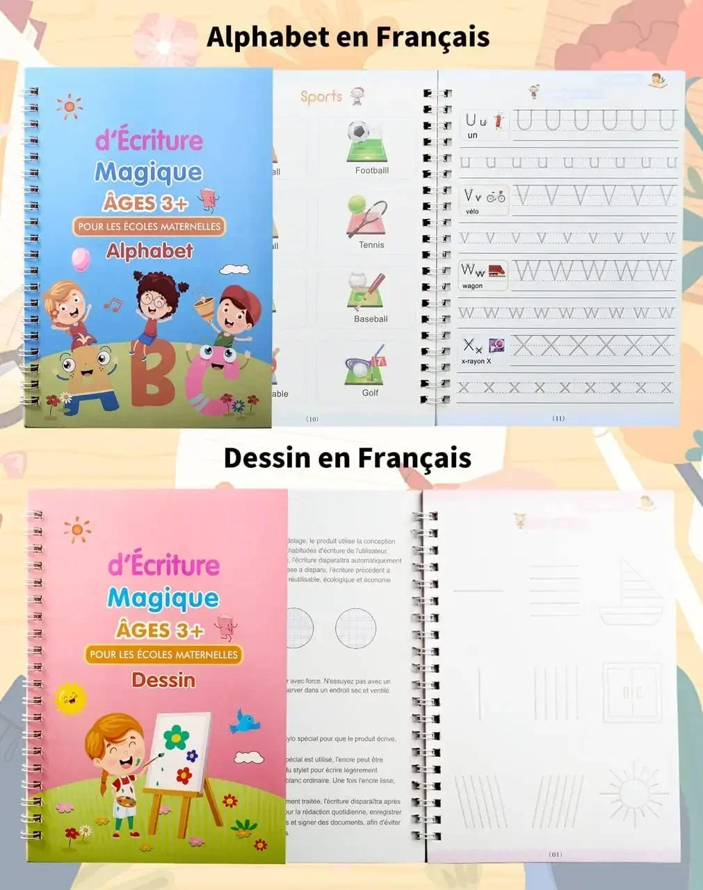 Cahier Magique d'Écriture Française – Ardoise Réutilisable avec Stylo | Enfants 3-8 ans