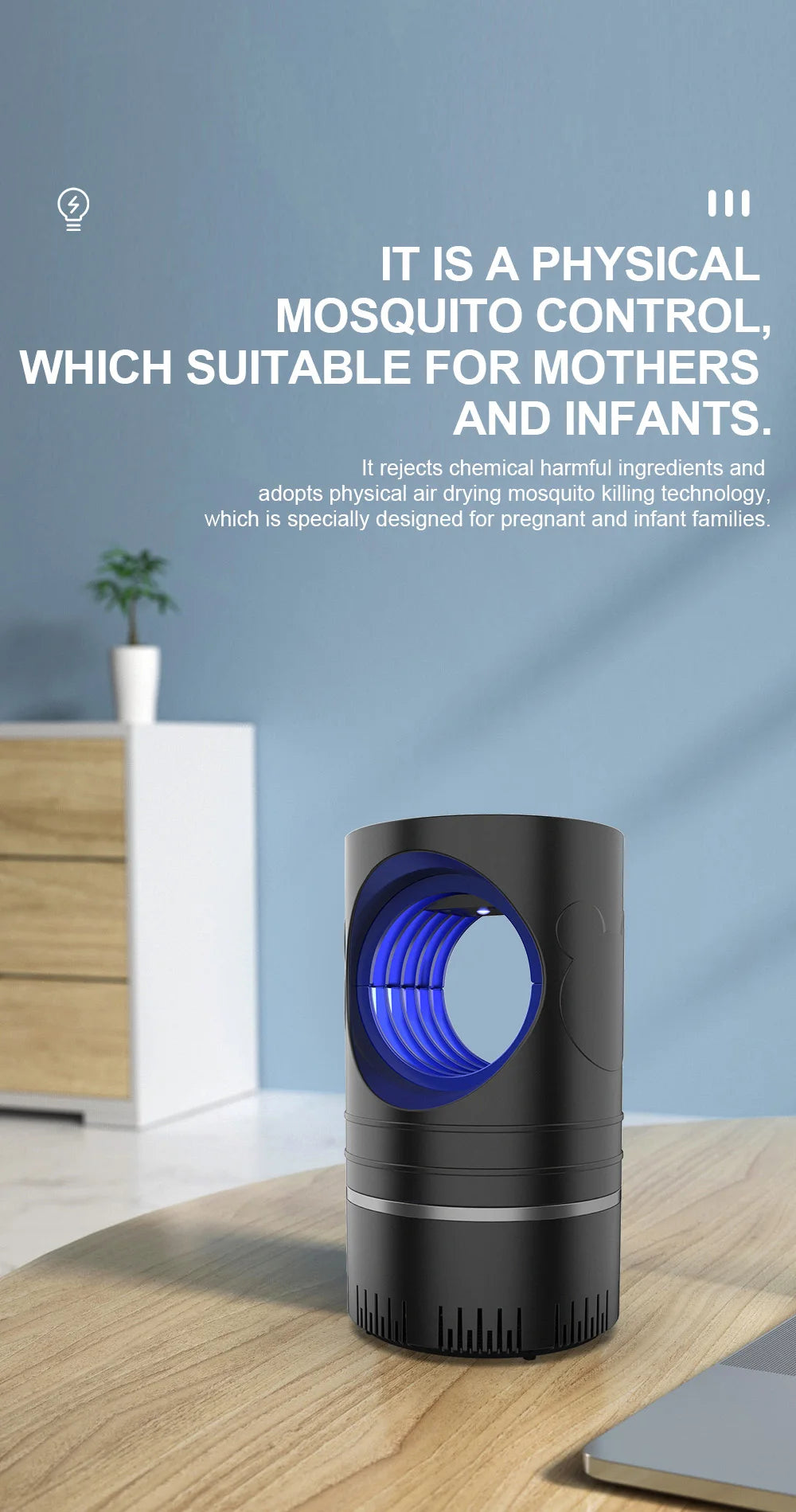 Lampe anti-moustiques électrique LED USB – Piège à insectes silencieux pour maison, chambre et bureau