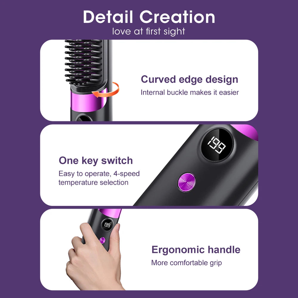 Peigne chauffant électrique sans fil pour lisser les cheveux, brosse lissante, ions négatifs, anti-brûlure, outil de coiffage
