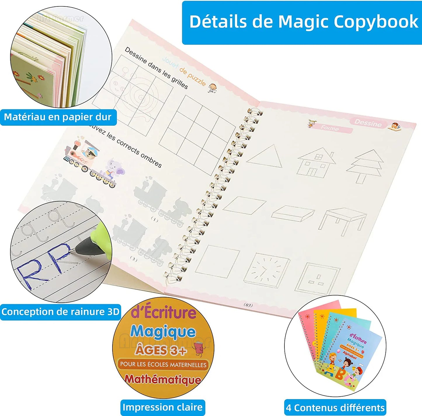 Coffret 4 Cahiers Magiques d'Écriture Française – Montessori 3D Réutilisable | Enfants 3-8 ans
