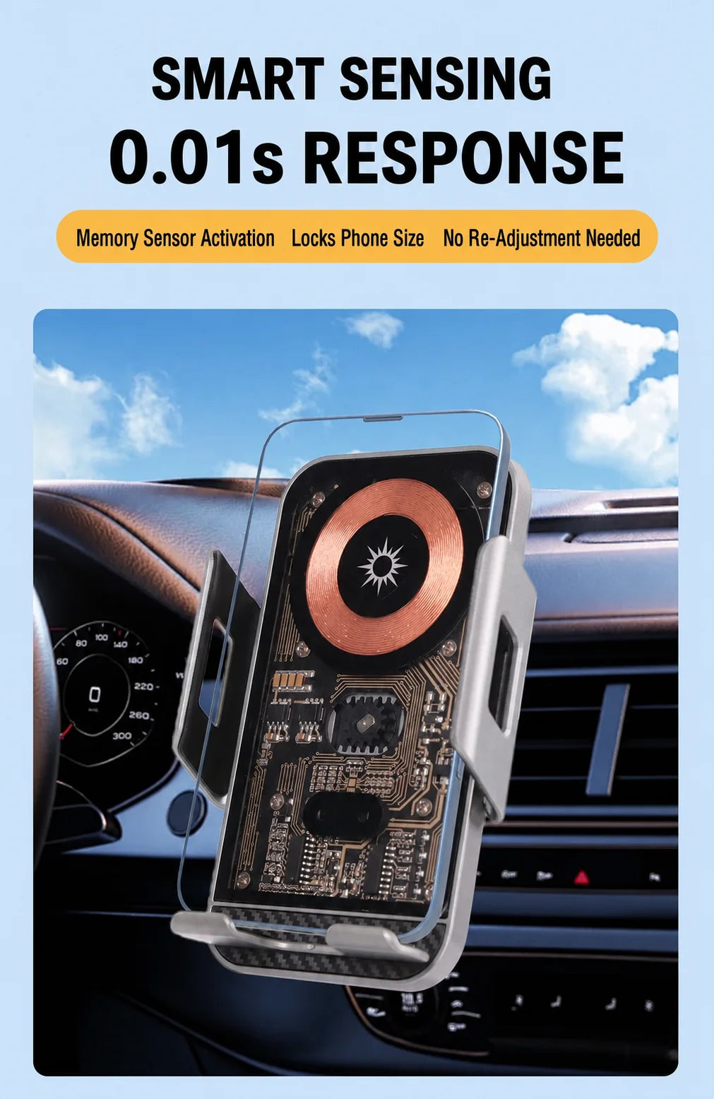 Support téléphone voiture avec chargeur sans fil 15W – Fixation grille d'aération, rotatif, compatible smartphones