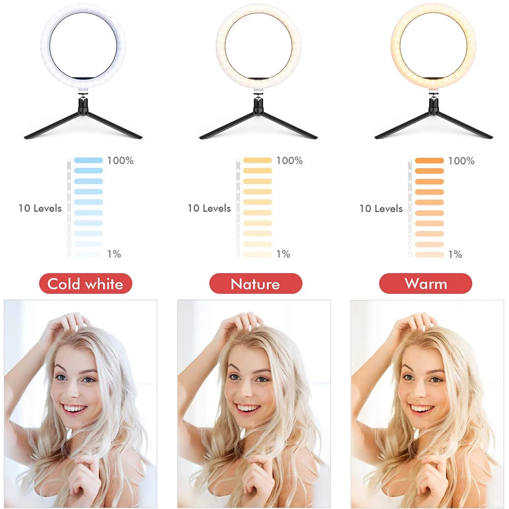 Anneau Lumineux LED pour Selfie & Vidéo – Trépied Réglable, 3 Modes & 10 Niveaux