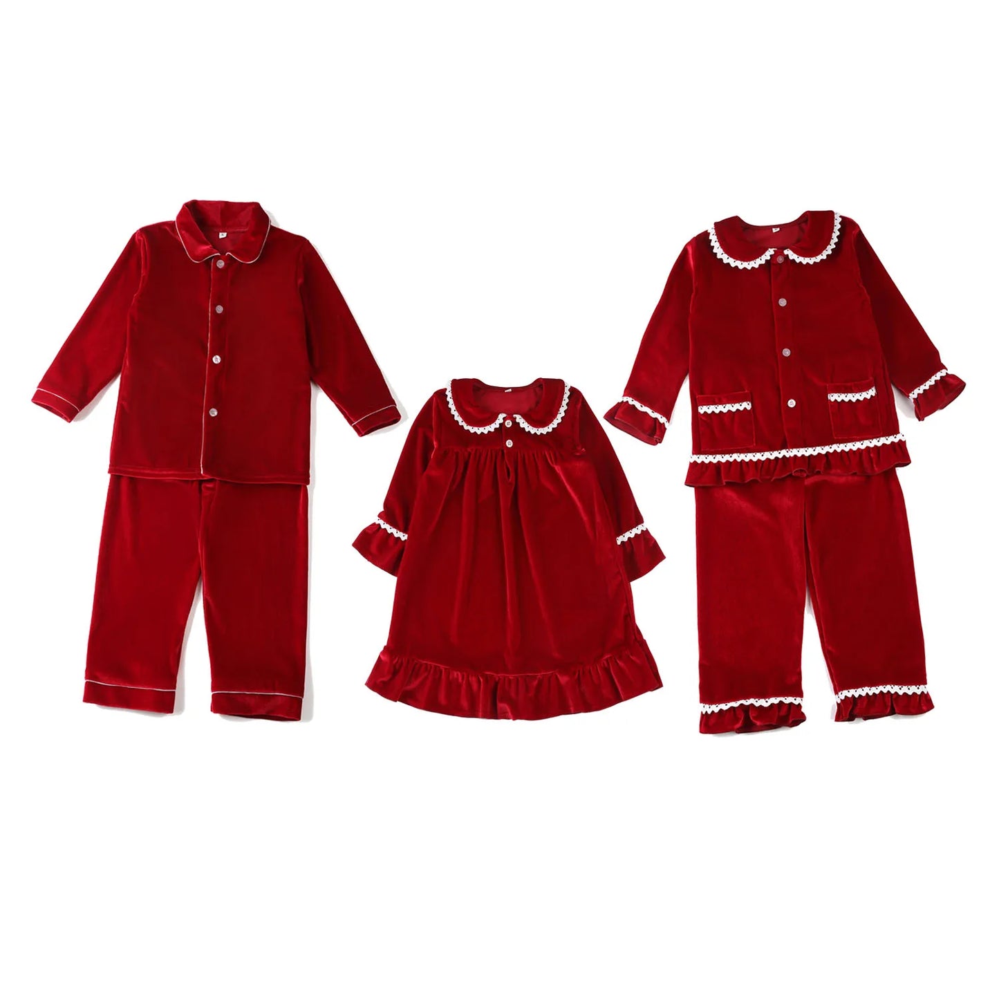 Flanelle Noël Famille Tenues Assortis Garçons Et Filles Pyjamas À Volants Blanc Dentelle Rouge À Manches Longues Bébé Bouton Enfants Pyjamas Ensembles