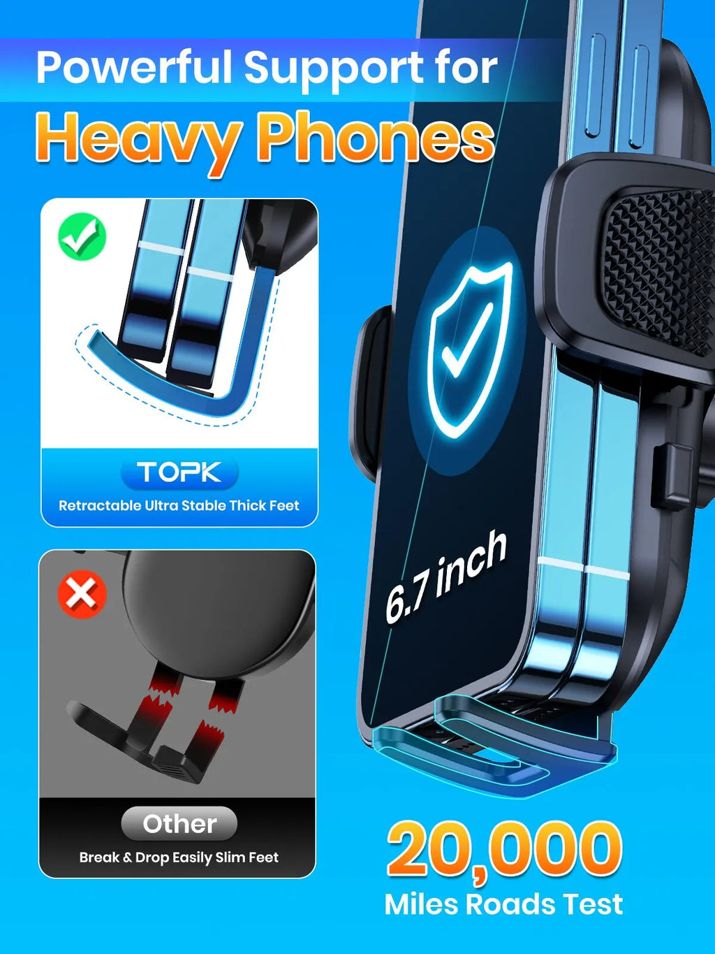 Support téléphone voiture TOPK – Fixation par gravité, pare-brise, tableau de bord et grille d'aération