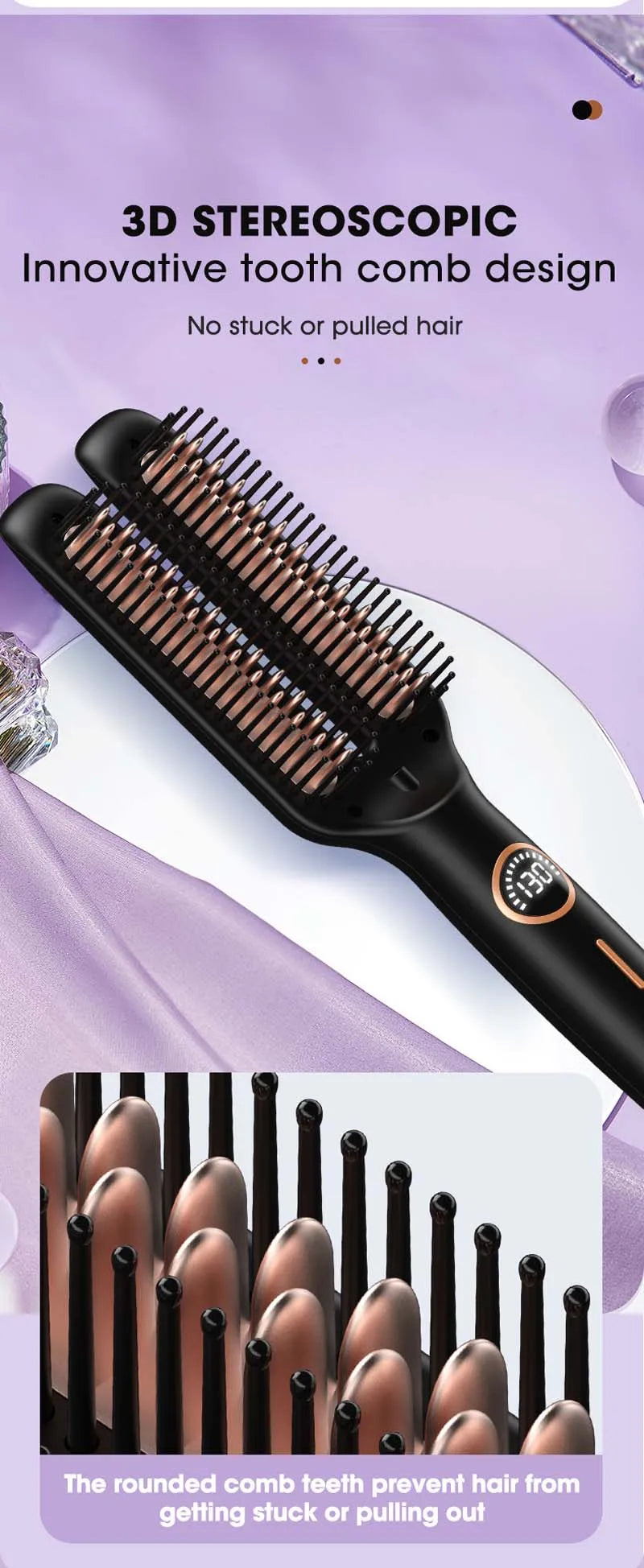 Brosse lissante électrique anti-frisottis 2-en-1 en céramique avec écran LCD numérique