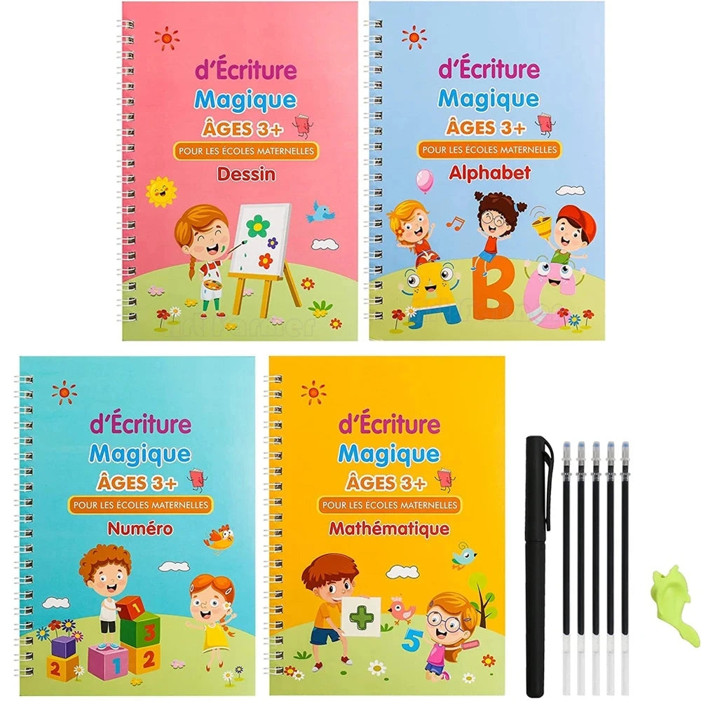 Coffret 4 Cahiers Magiques d'Écriture Française – Montessori 3D Réutilisable | Enfants 3-8 ans