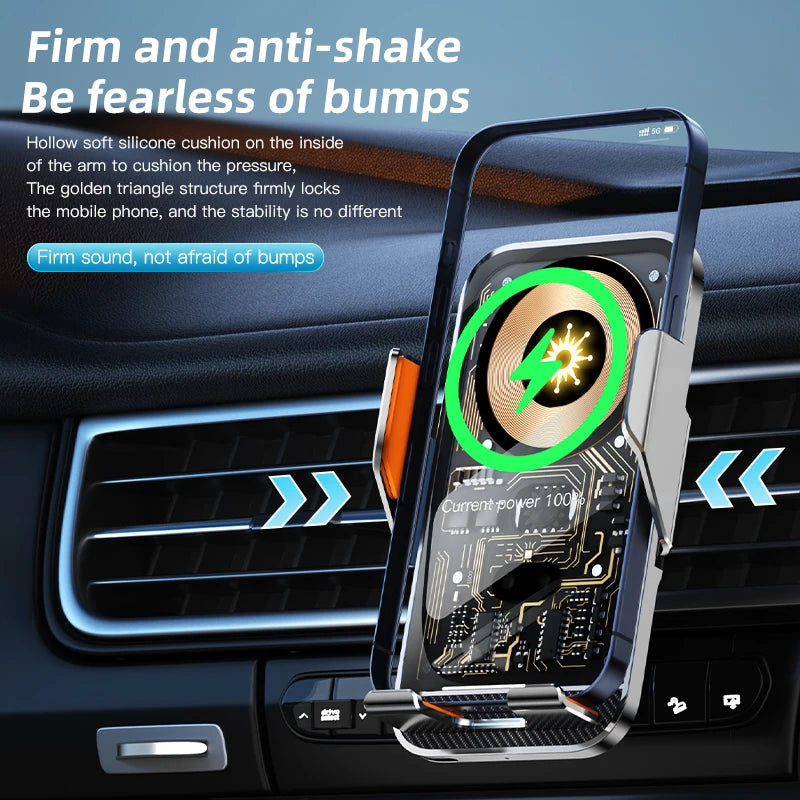 Support téléphone voiture avec chargeur sans fil 15W – Serrage automatique, rotation 360°, compatible iPhone, Samsung, Huawei, Xiaomi