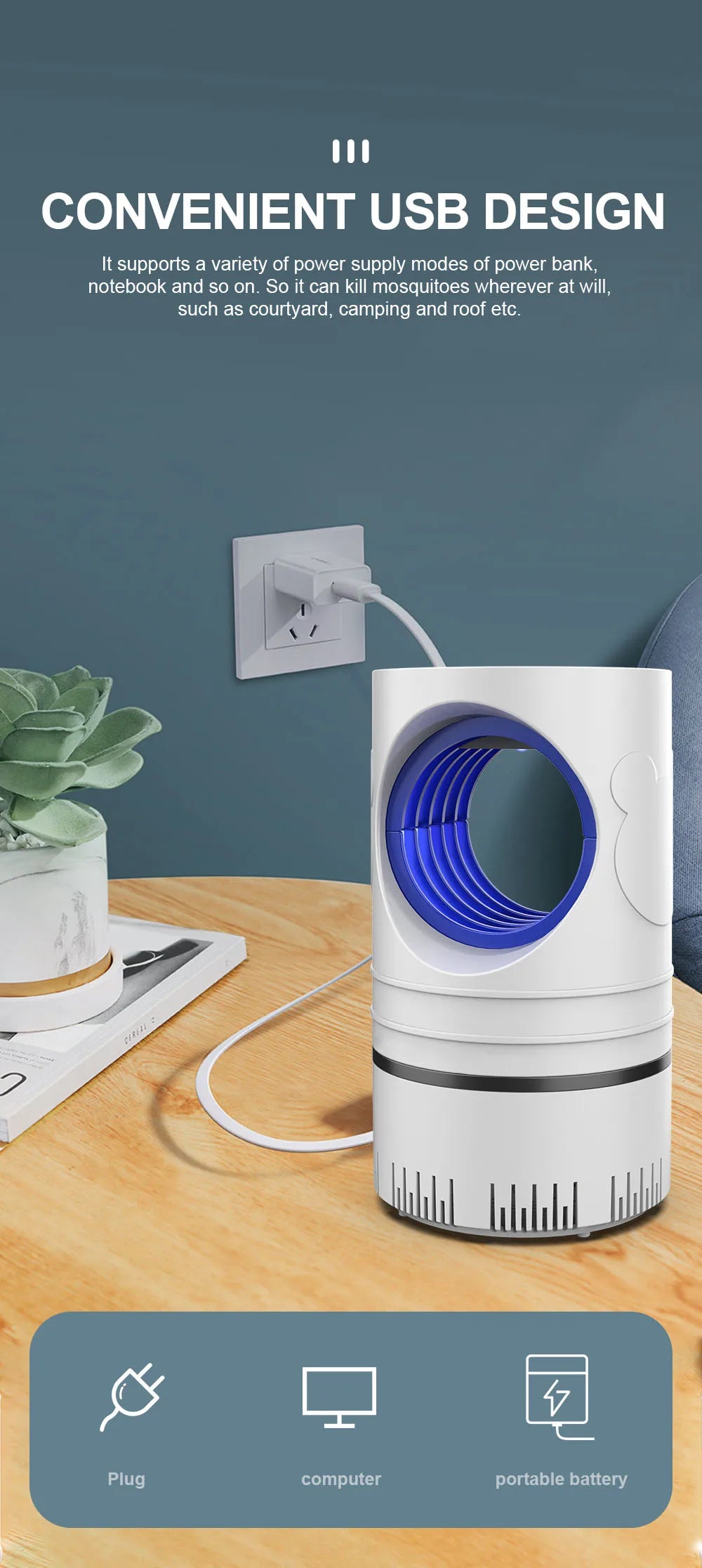 Lampe anti-moustiques électrique LED USB – Piège à insectes silencieux pour maison, chambre et bureau