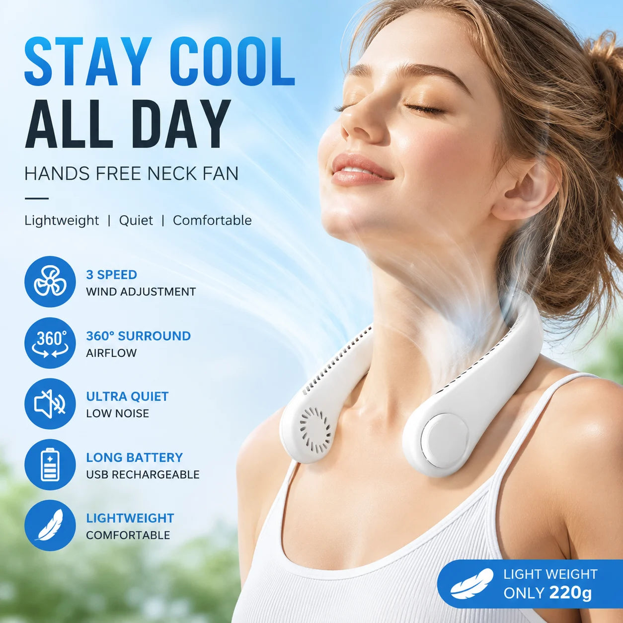 Ventilateur de Cou Sans Pales USB Rechargeable – 3 Vitesses, Mains Libres, Été & Voyage