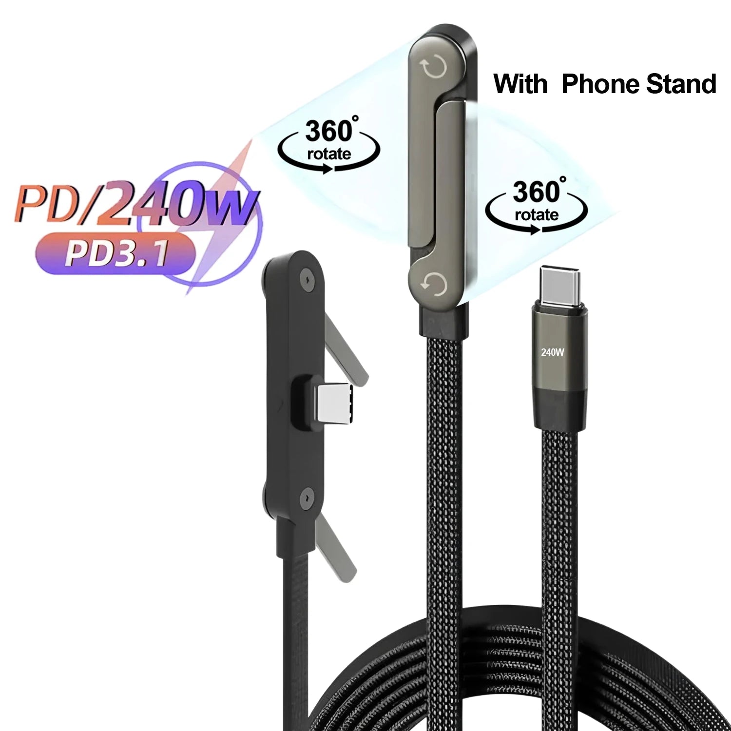 Câble USB-C 240W 2-en-1 avec Support Pliable – Charge Rapide, OTG, Type-C vers Type-C
