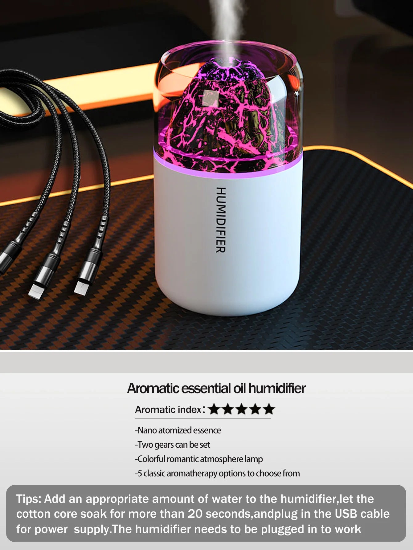 Humidificateur Diffuseur d'Arômes USB – Lampe Volcanique Colorée