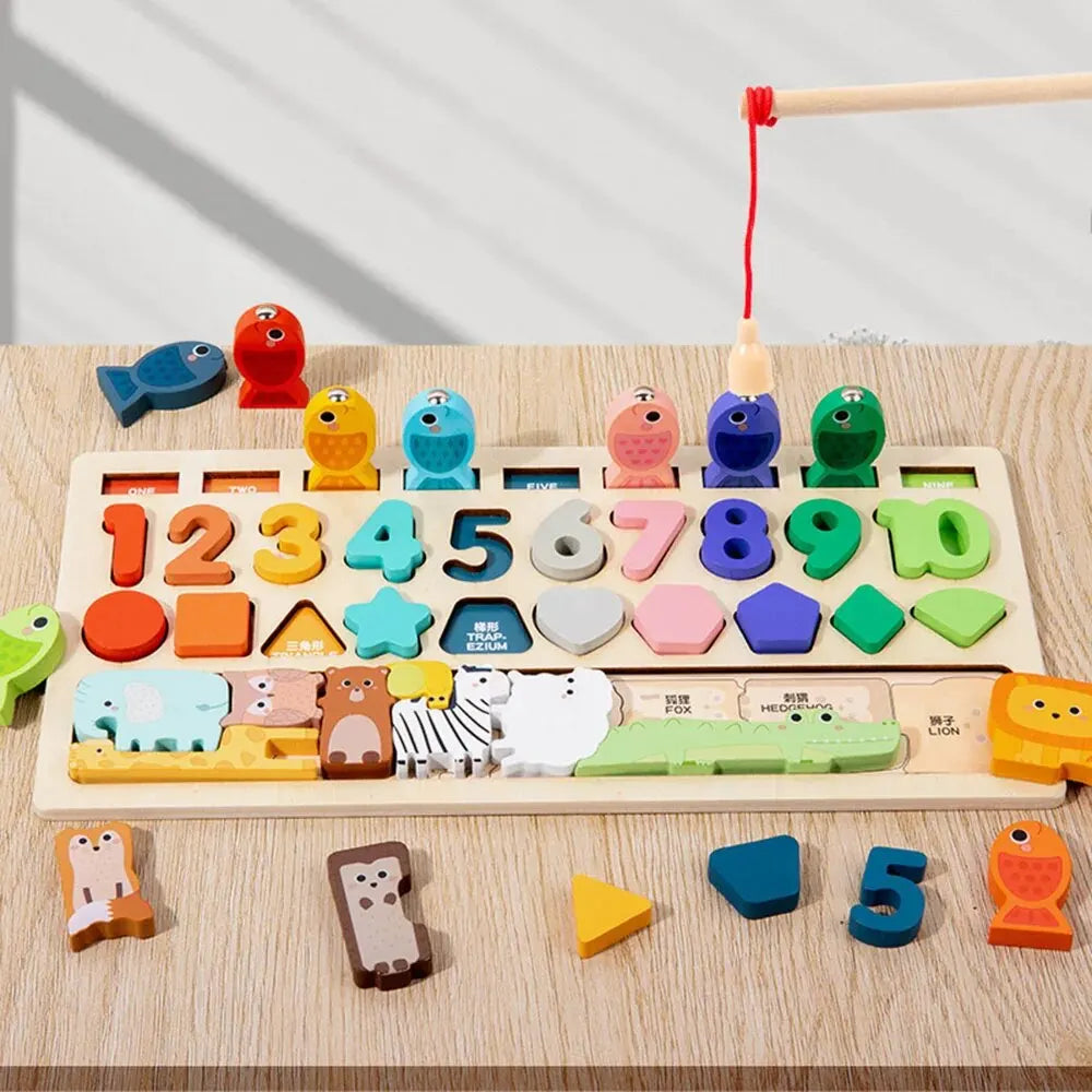 Tableau d'Éveil Montessori en Bois – Formes, Chiffres & Jeu de Pêche