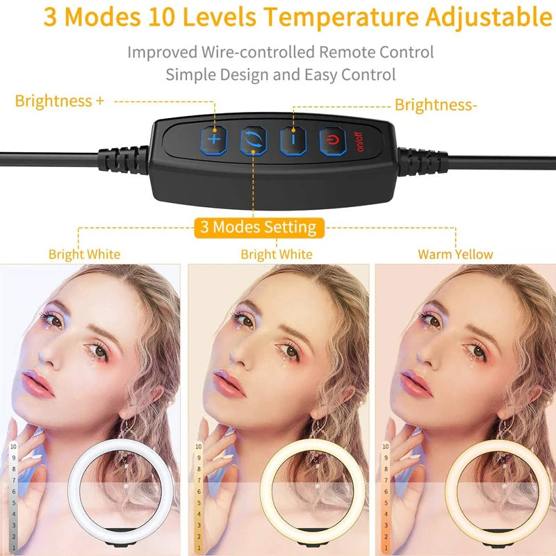 Anneau Lumineux LED pour Selfie & Vidéo – Trépied Réglable, 3 Modes & 10 Niveaux