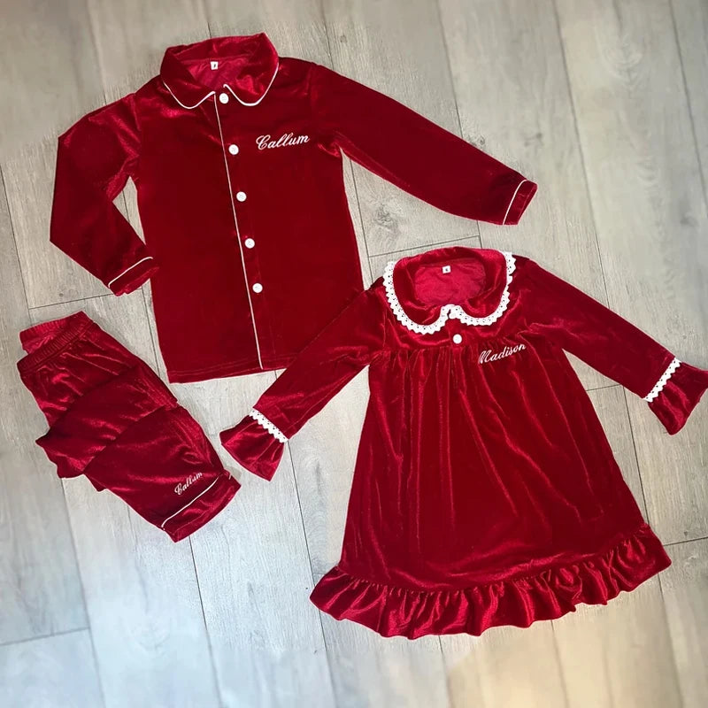 Flanelle Noël Famille Tenues Assortis Garçons Et Filles Pyjamas À Volants Blanc Dentelle Rouge À Manches Longues Bébé Bouton Enfants Pyjamas Ensembles