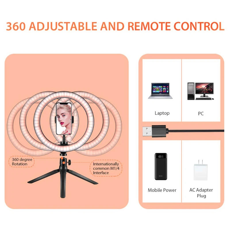 Anneau Lumineux LED pour Selfie & Vidéo – Trépied Réglable, 3 Modes & 10 Niveaux