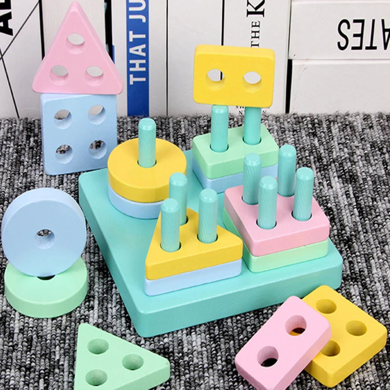 Blocs de Construction Montessori en Bois – Couleurs, Formes & Puzzle Éducatif