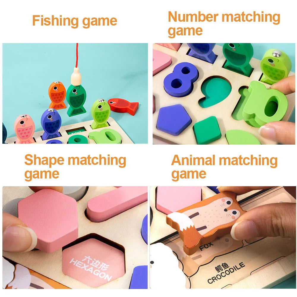 Tableau d'Éveil Montessori en Bois – Formes, Chiffres & Jeu de Pêche