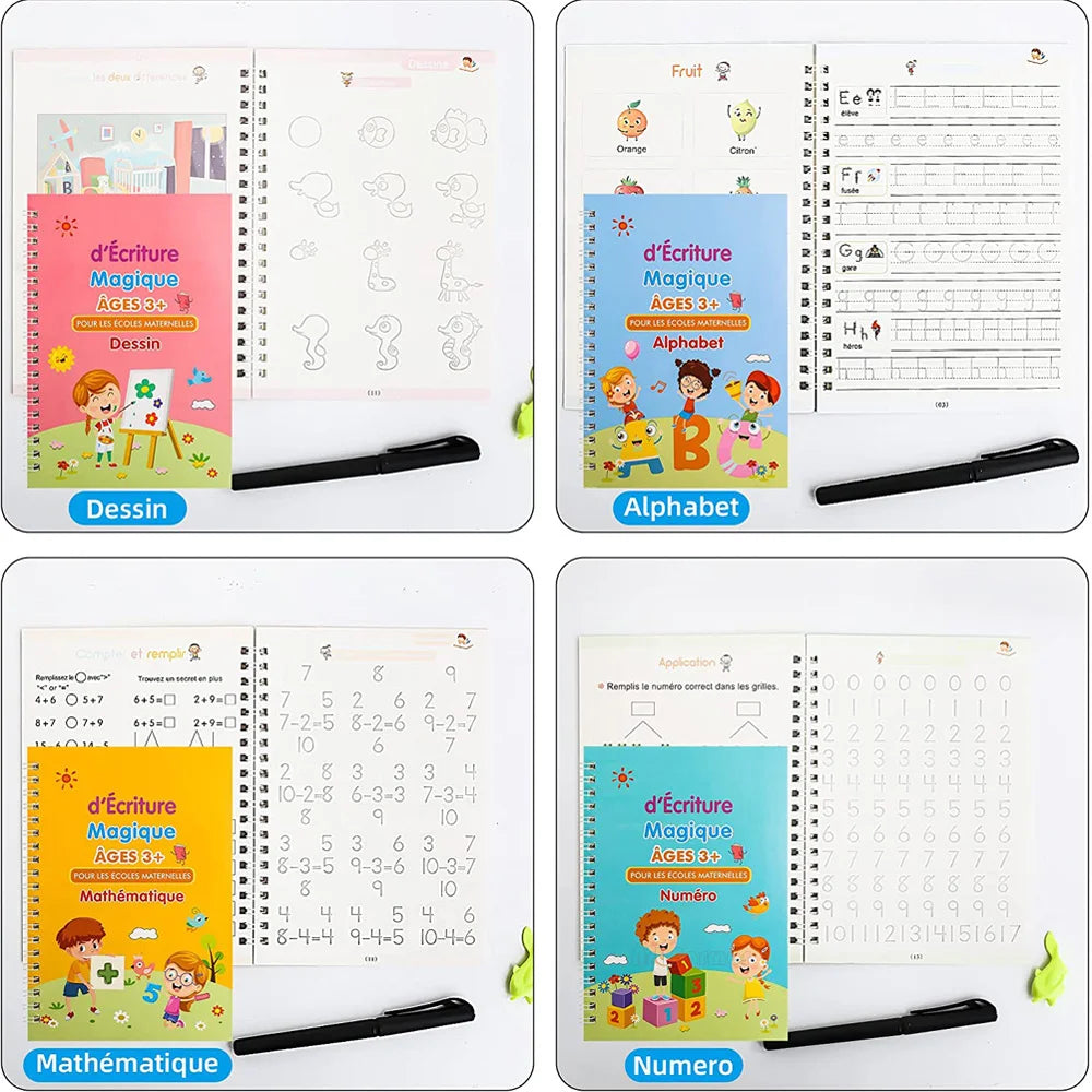 Coffret 4 Cahiers Magiques d'Écriture Française – Montessori 3D Réutilisable | Enfants 3-8 ans