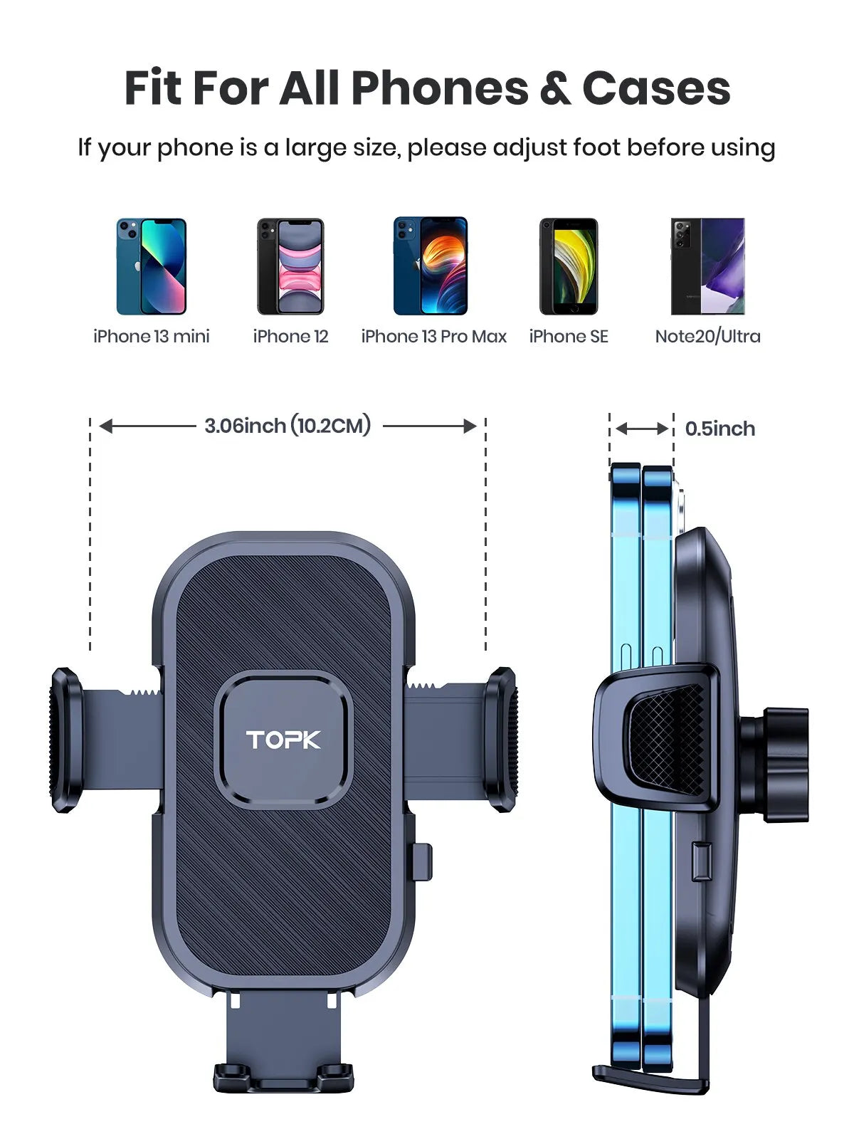 Support téléphone voiture TOPK – Fixation par gravité, pare-brise, tableau de bord et grille d'aération