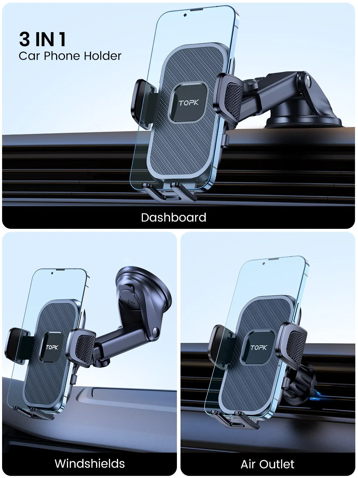 Support téléphone voiture TOPK – Fixation par gravité, pare-brise, tableau de bord et grille d'aération