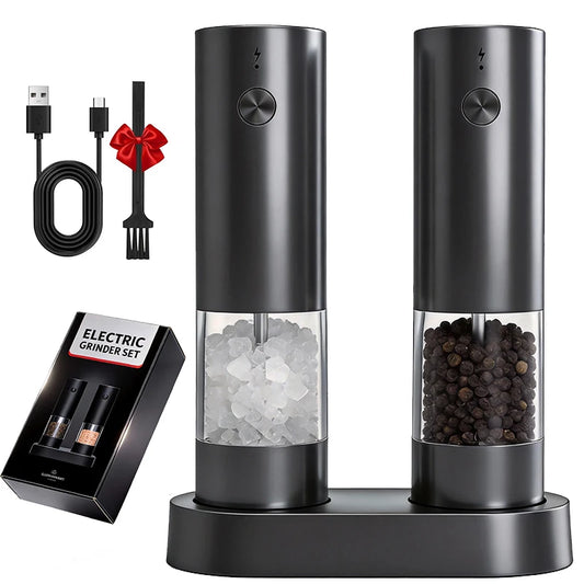 Ensemble de Moulins à Sel & Poivre Électriques – Rechargeables USB, Mouture Ajustable & Base de Rangement