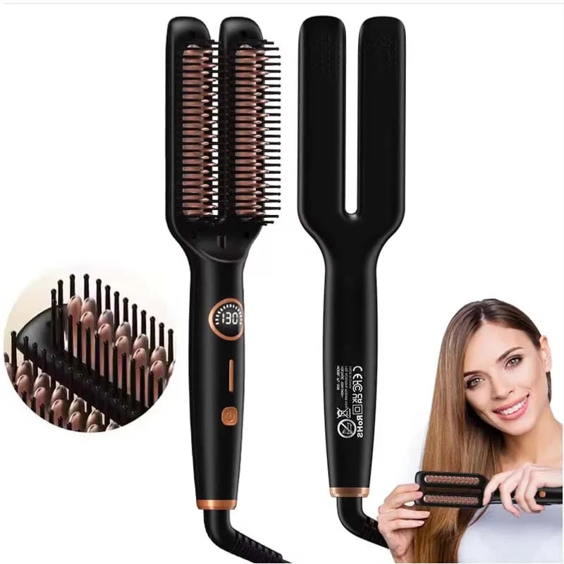 Brosse lissante électrique anti-frisottis 2-en-1 en céramique avec écran LCD numérique