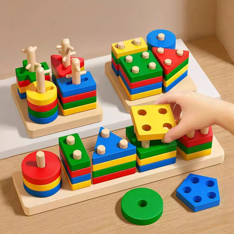 Blocs de Construction Montessori en Bois – Couleurs, Formes & Puzzle Éducatif