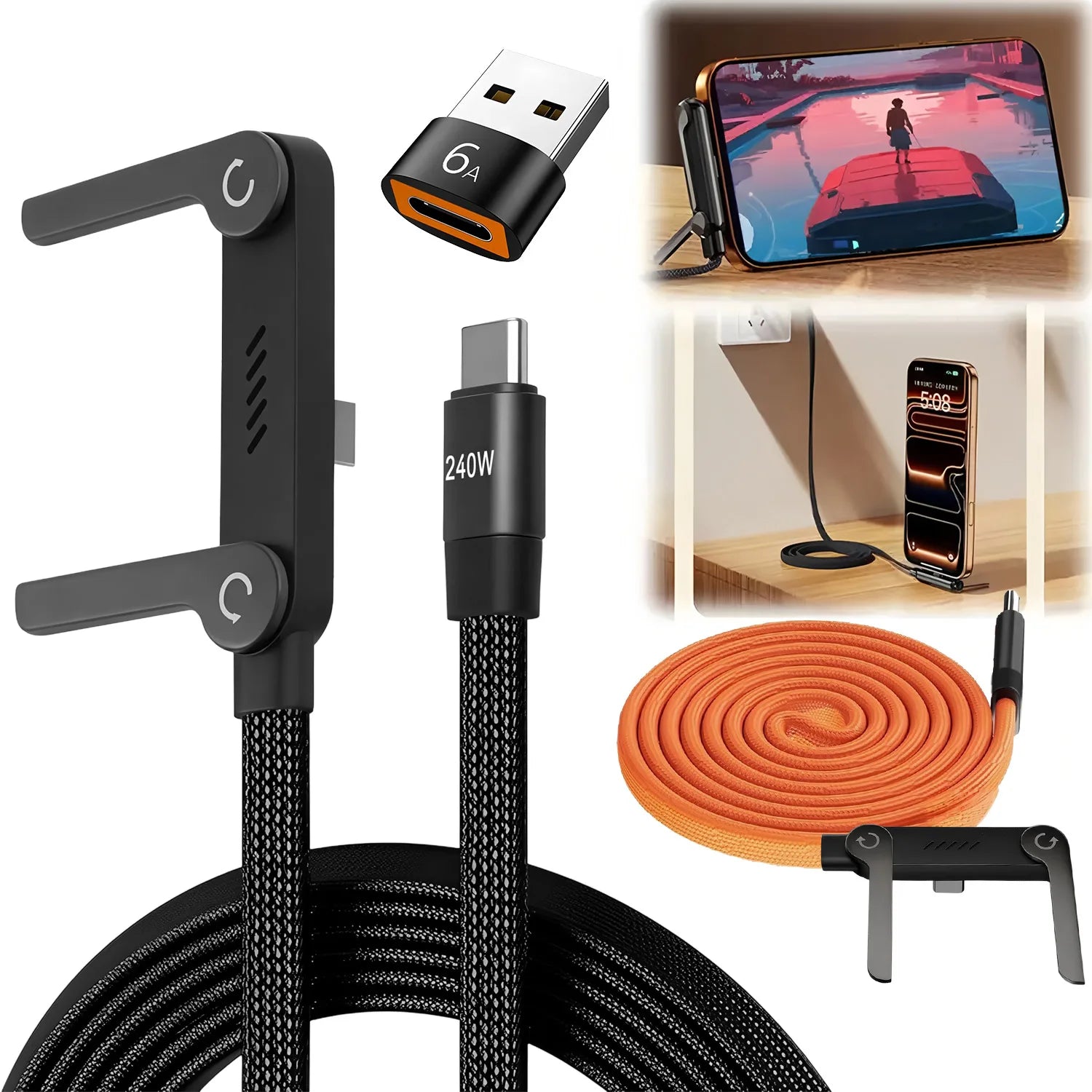 Câble USB-C 240W 2-en-1 avec Support Pliable – Charge Rapide, OTG, Type-C vers Type-C
