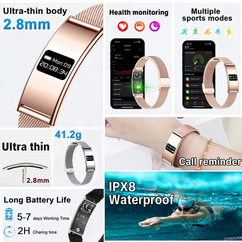 Montre Connectée Ultra-Fine BOXUXING 2026 – Suivi Cardio, SpO2, Sommeil, IPX8 | Bracelet Sportif Femme