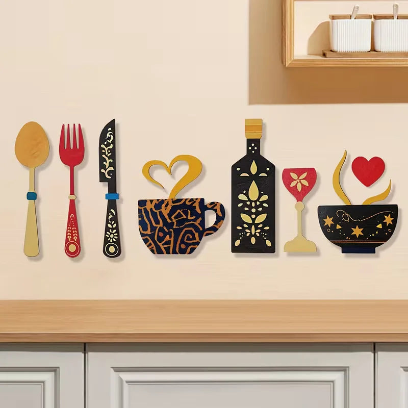 Ensemble Décoration Murale Cuisine en Bois – 7 Pièces, Motifs Fourchettes, Tasses & Verres à Vin
