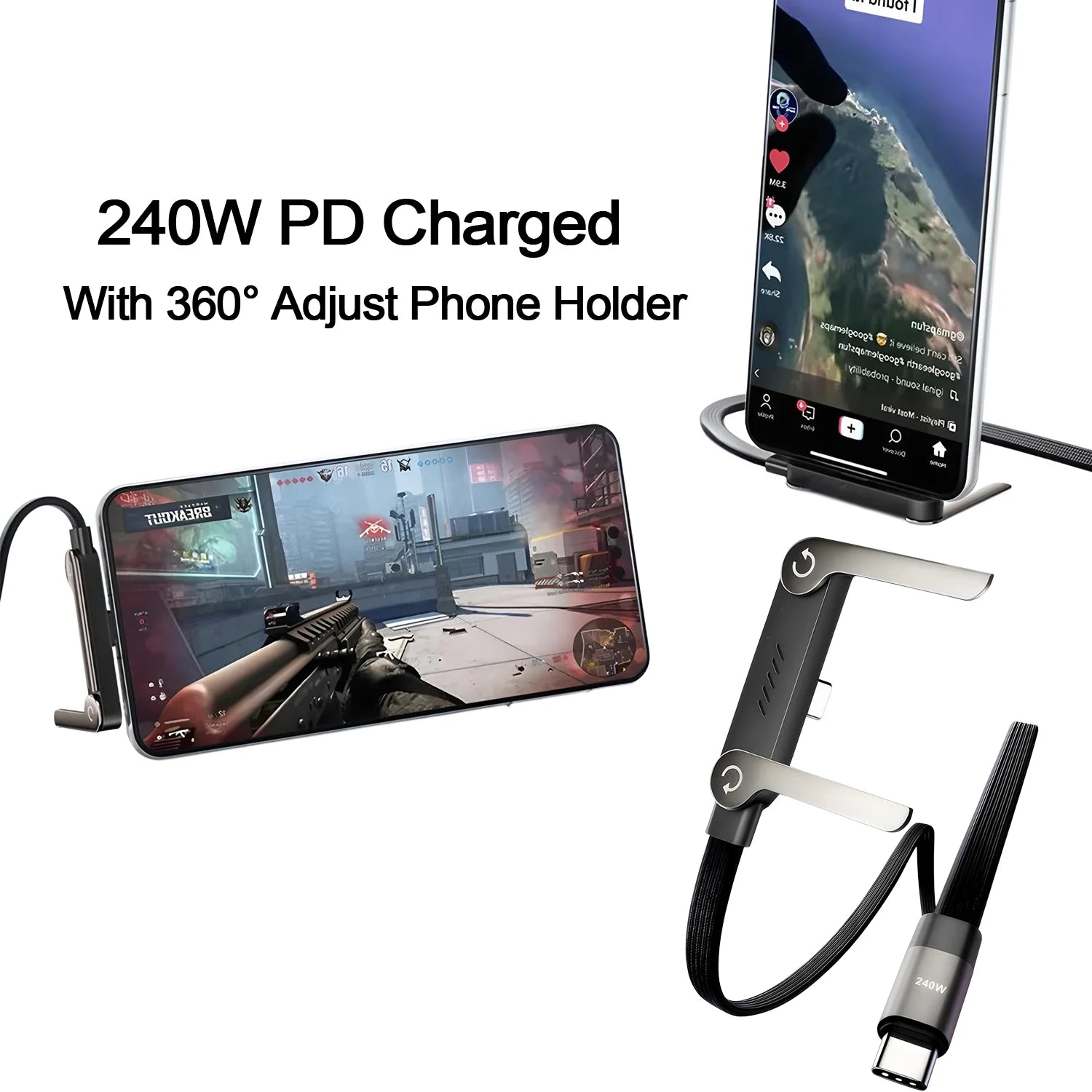 Câble USB-C 240W 2-en-1 avec Support Pliable – Charge Rapide, OTG, Type-C vers Type-C
