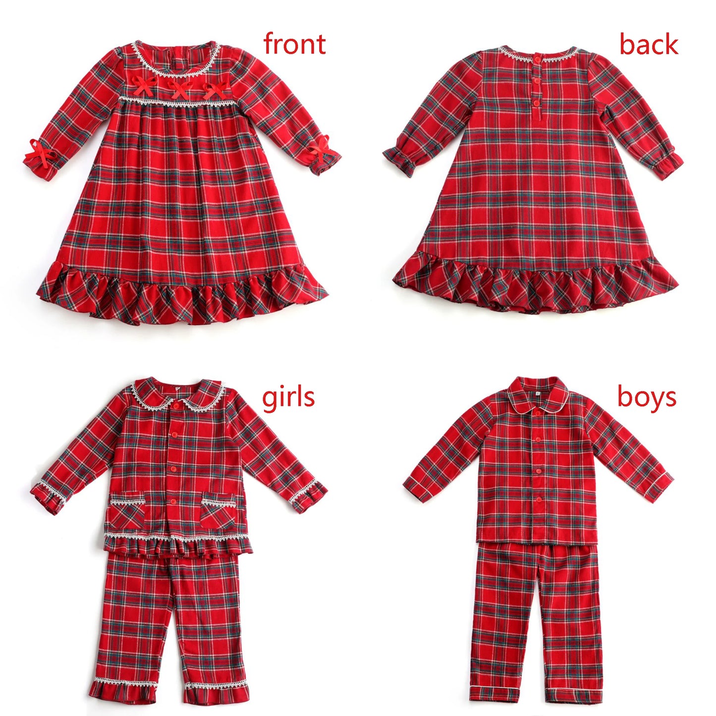 Flanelle Noël Famille Tenues Assortis Garçons Et Filles Pyjamas À Volants Blanc Dentelle Rouge À Manches Longues Bébé Bouton Enfants Pyjamas Ensembles
