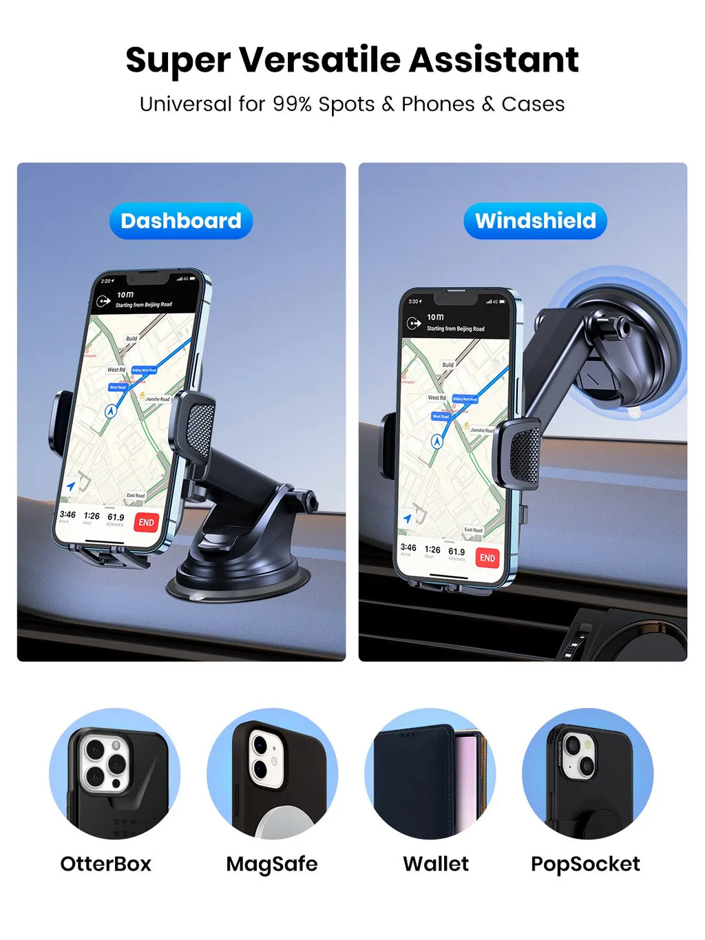 Support téléphone voiture TOPK – Fixation par gravité, pare-brise, tableau de bord et grille d'aération